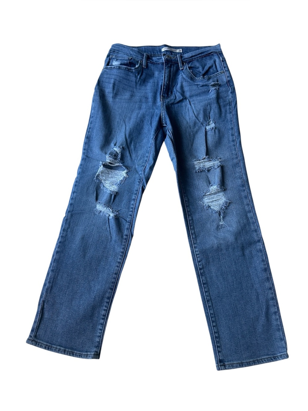 Levi’s medium-wash, high-waisted distressed straight-leg jeans